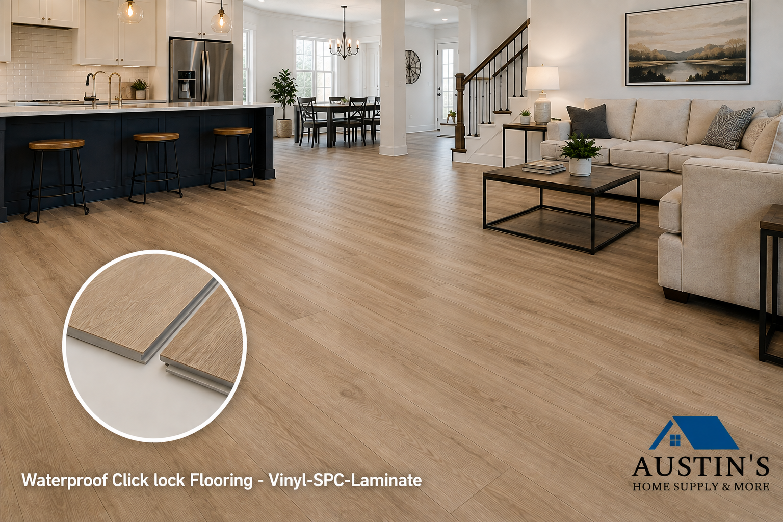 Wide-plank waterproof click-lock vinyl flooring installed in an open kitchen and living room