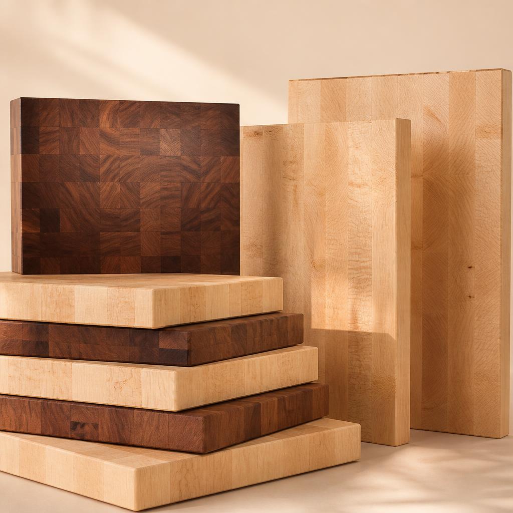 Thick butcher block countertop slabs with visible end grain